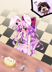 Rule 34 | 2girls, :3, :d, = =, ahoge, animal ears, ayase shinji, bad id, bad pixiv id, blue eyes, blush, blush stickers, cake, camera, checkered floor, e.a.r.t.h, floor, food, from above, long hair, multiple girls, naked ribbon, open mouth, purple hair, rabbit ears, ribbon, shiro (e.a.r.t.h), smile, surprised, sweets, table, very long hair, zico