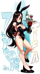 Rule 34 | 1girl, alcohol, alex ahad, animal ears, bare shoulders, black leotard, bottle, breasts, brown hair, cleavage, commentary, cup, detached collar, detached sleeves, drinking glass, earrings, elbow pads, english commentary, fake animal ears, final fantasy, final fantasy vii, full body, gloves, hand on own hip, high heels, highres, jewelry, large breasts, leotard, long hair, looking at viewer, low-tied long hair, padded gloves, playboy bunny, pumps, rabbit ears, rabbit tail, red eyes, red gloves, single elbow pad, smile, solo, strapless, strapless leotard, tail, tifa lockhart, tray, wine, wine bottle, wine glass, wrist cuffs