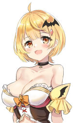 Rule 34 | 1girl, :d, ahoge, bare shoulders, bat hair ornament, black choker, blonde hair, blush, bow, breasts, choker, cleavage, collarbone, detached sleeves, fang, frilled sleeves, frills, hair ornament, highres, hololive, large breasts, open mouth, orange bow, orange eyes, revealing clothes, short hair, short sleeves, simple background, skin fang, smile, solo, strapless, unname, upper body, virtual youtuber, white background, yozora mel, yozora mel (1st costume)