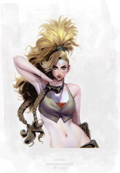 Rule 34 | 1girl, blonde hair, braid, breasts, crop top, gemma (monster hunter wilds), goggles, goggles around neck, hair ornament, hair scrunchie, high ponytail, ibrahem swaid, lips, long hair, midriff, monster hunter (series), monster hunter wilds, scrunchie, side braid, solo, standing, upper body