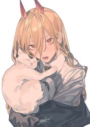 Rule 34 | + +, 1girl, animal, black jacket, black necktie, blonde hair, cat, chainsaw man, collared shirt, commentary, cross-shaped pupils, demon horns, dress shirt, fangs, hair between eyes, highres, holding, holding animal, holding cat, horns, jacket, long hair, looking at viewer, manfung, meowy (chainsaw man), necktie, off shoulder, open clothes, open jacket, open mouth, power (chainsaw man), red eyes, shirt, signature, simple background, solo, symbol-shaped pupils, teeth, upper body, v-shaped eyebrows, white background, white shirt, wing collar