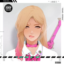 Rule 34 | 1girl, absurdres, barcode, blonde hair, bow, bowtie, character name, collar, collared shirt, earrings, english text, gradient hair, grey background, highres, hoop earrings, jewelry, looking at viewer, multicolored hair, park junkyu, pink bow, pink bowtie, pink hair, portrait, shirt, solo, the girls of armament, tongue, tongue out, weapon, weapon on back, white shirt, yellow eyes
