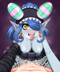 Rule 34 | 1boy, 1girl, aldharoku, blue hair, blue skin, blush, breasts, clothed female nude male, colored skin, cum, digimon, drooling, earrings, fangs, girl on top, hair over one eye, heart, heart-shaped pupils, hetero, highres, jewelry, large breasts, leaning forward, long pointy ears, looking at viewer, mienumon, monster girl, nipples, nude, open mouth, cum overflow, pointy ears, pov, pov crotch, saliva, sex, solo focus, spread legs, sweat, symbol-shaped pupils, tears, thigh strap, tongue, tongue out, yellow eyes