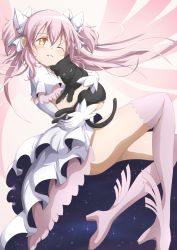 Rule 34 | animal, artist request, black cat, boots, cat, dress, highres, holding, holding animal, holding cat, kaname madoka, long hair, mahou shoujo madoka magica, mahou shoujo madoka magica (anime), one eye closed, pink footwear, pink hair, smile, thigh boots, thighhighs, twintails, ultimate madoka, white dress, winged footwear, yellow eyes