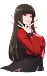 Rule 34 | 1girl, black hair, blazer, blunt bangs, blunt ends, breasts, buttons, collared shirt, fingernails, ganno, hime cut, jacket, large breasts, long fingernails, long hair, looking at viewer, lucifer (umineko), necktie, open clothes, open jacket, pink necktie, red eyes, red nails, red vest, sharp fingernails, shirt, showgirl skirt, simple background, smile, solo, straight hair, umineko no naku koro ni, upper body, very long fingernails, vest, white background