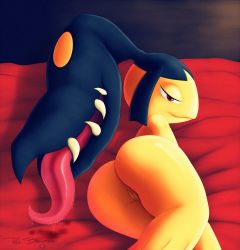 Rule 34 | 1girl, ass, bed sheet, black hair, cleft of venus, creatures (company), drooling, from behind, game freak, gen 3 pokemon, half-closed eyes, highres, looking back, lying, mawile, nintendo, no humans, on side, pokemon, pokemon (creature), pokemon rse, pussy, red background, red benjamin, red eyes, saliva, simple background, smile, solo, teeth, tongue, tongue out, uncensored