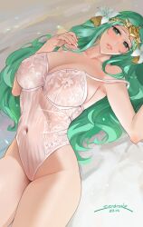 Rule 34 | 1girl, blush, breasts, commentary, english commentary, fire emblem, fire emblem: three houses, flower, green eyes, green hair, hair flower, hair ornament, highres, large breasts, leotard, lingerie, long hair, looking at viewer, lying, mature female, navel, nintendo, nipples, on back, open mouth, parted bangs, rhea (fire emblem), see-through, sendo (sendrawz), smile, solo, thighs, underwear