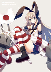 Rule 34 | 10s, 1girl, blonde hair, brown eyes, flag, gloves, hairband, hoshi ichi, innertube, japanese flag, kantai collection, long hair, rensouhou-chan, shimakaze (kancolle), smile, solo, striped clothes, striped thighhighs, swim ring, thighhighs, uniform