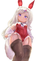 Rule 34 | anchor ornament, animal ears, archerfish (azur lane), archerfish (coquettish bunny) (azur lane), azur lane, breasts, fake animal ears, from below, hands on own hips, highres, leotard, long hair, looking at viewer, medium breasts, mg42cat-k1ng, necktie, official alternate costume, playboy bunny, rabbit ears, short necktie, solo, thighhighs, white hair