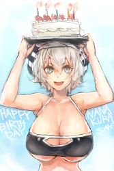 Rule 34 | 1girl, birthday cake, blue eyes, breasts, cake, cleavage, food, fuguu-chan, happy birthday, highres, huge breasts, large breasts, on head, open mouth, original, short hair, silver hair, solo, sweat, taishi (artist), taishi (picchiridou), text focus, underboob