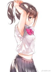 Rule 34 | 1girl, armpit peek, bow, bowtie, brown eyes, brown hair, closed mouth, collared shirt, copyright request, from side, grey skirt, hair tie, hands up, looking at viewer, midriff, navel, pink bow, pink bowtie, pleated skirt, ponytail, profile, shirt, short hair, short sleeves, sibyl, simple background, skirt, solo, tying hair, white background, white shirt, wing collar
