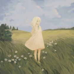 Rule 34 | 1girl, album cover, arms behind back, barefoot, blue eyes, blue sky, chisato charme, cloud, cloudy sky, collared dress, commentary, cover, day, dress, empire waist, field, floating hair, flower, green ribbon, highres, long hair, long sleeves, looking ahead, neck ribbon, original, outdoors, puffy long sleeves, puffy sleeves, ribbon, sky, solo, standing, symbol-only commentary, white dress, white flower, white hair, wide shot, wind