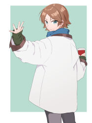 Rule 34 | 1boy, aqua background, blue eyes, blue scarf, brown hair, closed mouth, cup, disposable cup, flipped hair, from behind, grey pants, hands up, highres, holding, holding cup, jacket, layered clothes, long sleeves, looking at viewer, looking back, loose hair strand, ouji kazuaki, outside border, outstretched arms, pants, parted bangs, scar, scar on hand, scarf, short hair, smile, solo, sonoda (mzm), winter clothes, world trigger