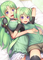 Rule 34 | 2girls, :d, black legwear, blush, breasts, brown gloves, dress, elbow gloves, elf, gloves, green dress, green hair, green shirt, h kasei, hair ribbon, hug, large breasts, long hair, looking at viewer, lying, lying on person, multiple girls, on back, on bed, open mouth, original, pillow, pointy ears, purple eyes, ribbed dress, ribbed shirt, ribbon, shirt, short shorts, shorts, small breasts, smile, spandex, thighhighs, turtleneck, twintails