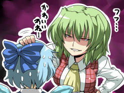Rule 34 | 2girls, ascot, blue hair, bow, cirno, evil grin, evil smile, female focus, green hair, grin, hair bow, hand on another&#039;s head, highres, kazami yuuka, multiple girls, plaid, plaid vest, red eyes, short hair, smile, sweat, touhou, translated, tsurime, tukiwani, upper body, vest, you gonna get raped