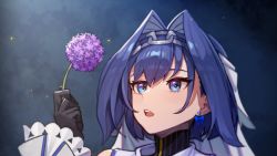 Rule 34 | 1girl, absurdres, blue bow, blue eyes, blue hair, bow, bow earrings, chain, earrings, eyebrows hidden by hair, flower, hair intakes, highres, holding, holding flower, hololive, hololive english, jewelry, open mouth, ouro kronii, ouro kronii (1st costume), portrait, purple flower, short hair, solo, stoll (tmxhf), virtual youtuber