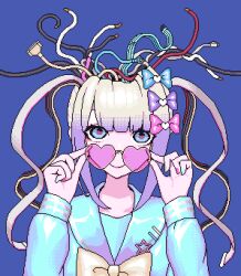 Rule 34 | 1girl, blue background, blue eyes, bow, bowtie, cable, chouzetsusaikawa tenshi-chan, cracked skin, eencya, ethernet cable, gradient hair, grey hair, hair bow, heart, heart-shaped eyewear, holographic clothing, large bow, looking at viewer, multicolored hair, multicolored nails, multiple hair bows, needy girl overdose, official art, pin, pixel art, purple hair, removing eyewear, sailor collar, sata cable, school uniform, second-party source, serafuku, simple background, smile, solo, upper body