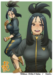 Rule 34 | 1girl, arms at sides, black hair, breasts, closed mouth, commentary, creatures (company), dendra (pokemon), fingerless gloves, from side, full body, game freak, gloves, green background, high ponytail, large breasts, lips, long hair, long sleeves, multiple views, neone, nintendo, open mouth, orange eyes, pokemon, pokemon sv, shoes, simple background, smile, sneakers, solo, standing, teeth, tongue, track suit, zipper