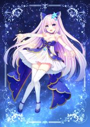 Rule 34 | 1girl, :d, blue footwear, blush, breasts, choker, cleavage, collarbone, commentary, detached sleeves, dress, hair ornament, highres, light purple hair, long hair, open mouth, original, outstretched arms, shoes, smile, solo, sparkle print, spica (stardrop), star-shaped pupils, star (symbol), star hair ornament, star print, stardrop, starry background, strapless, strapless dress, symbol-shaped pupils, thighhighs, very long hair, white thighhighs