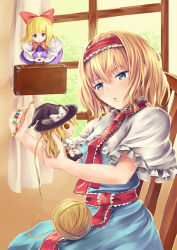 Rule 34 | 2girls, alice margatroid, apron, belt, blonde hair, blue dress, blue eyes, blunt bangs, blush, bow, bowtie, button eyes, buttons, cair, capelet, character doll, curtains, doll, dress, flying, green eyes, hair between eyes, hair bow, hairband, head tilt, indoors, kirisame marisa, long sleeves, multiple girls, necktie, ooka shippo, parted lips, plant, puffy long sleeves, puffy short sleeves, puffy sleeves, purple dress, red bow, red bowtie, red necktie, sewing, shanghai doll, short hair, short sleeves, sitting, suitcase, tareme, touhou, tree, tsurime, v arms, waist apron, window, wool