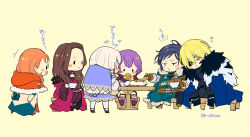 Rule 34 | 2boys, 4girls, annette fantine dominic, armor, bad id, bad twitter id, bernadetta von varley, black hair, blonde hair, blue cape, blush stickers, brown gloves, brown hair, cape, capelet, chair, chibi, closed eyes, closed mouth, cookie, cup, dimitri alexandre blaiddyd, dorothea arnault, dress, eating, eyepatch, felix hugo fraldarius, fire emblem, fire emblem: three houses, food, from behind, from side, fur trim, gloves, guttary, hair ornament, holding, holding cup, long hair, long sleeves, lysithea von ordelia, multiple boys, multiple girls, nintendo, open mouth, orange hair, purple hair, short hair, simple background, sitting, sleeping, smile, table, teacup, twitter username