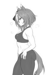 Rule 34 | 1girl, animal ears, breasts, facing to the side, fukuro (maruaru00), greyscale, hands on own hips, highres, horse ears, horse girl, horse tail, medium breasts, monochrome, multicolored hair, pants, short hair, solo, sports bra, steam, sweat, tail, tight clothes, tight pants, toned, two-tone hair, umamusume, white background, wide hips, yaeno muteki (umamusume)