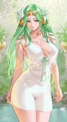 Rule 34 | 1girl, 2020, artist name, bare shoulders, blush, breasts, cleavage, collarbone, dated, female focus, fire emblem, fire emblem: three houses, flower, green eyes, green hair, hair flower, hair ornament, highres, large breasts, long hair, looking at viewer, matching hair/eyes, nintendo, parted bangs, rhea (fire emblem), sendo (sendrawz), signature, smile, solo, thighs, wading