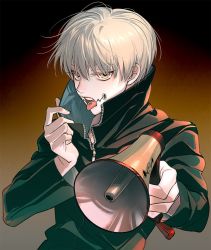 Rule 34 | 1boy, black background, black jacket, blonde hair, brown background, brown eyes, commentary request, facial tattoo, gakuran, gradient background, hand up, high collar, holding, holding megaphone, inumaki toge, jacket, jujutsu kaisen, long sleeves, looking at viewer, male focus, mayer, megaphone, partially unzipped, school uniform, solo, tattoo, tongue, tongue out, tongue tattoo, upper body