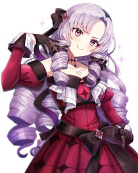 Rule 34 | 1girl, absurdres, bare shoulders, blush, brown gloves, chest tattoo, claw ring, dress, drill hair, female focus, gloves, hair ribbon, hairband, highres, hyakumantenbara salome, juliet sleeves, long hair, long sleeves, looking at viewer, nijisanji, off shoulder, parted bangs, puffy sleeves, purple eyes, purple hair, red dress, red sleeves, ribbon, sakura ran, simple background, smile, solo, tattoo, upper body, very long hair, virtual youtuber