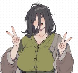 Rule 34 | 1girl, :d, absurdres, black hair, breasts, double options, double v, fingernails, green eyes, green shirt, grey jacket, hair between eyes, hands up, head tilt, highres, huge breasts, huge filesize, jacket, long hair, long sleeves, looking at viewer, messy hair, muroku (aimichiyo0526), nail polish, off shoulder, open mouth, shirt, signature, smile, solo, upper body, v