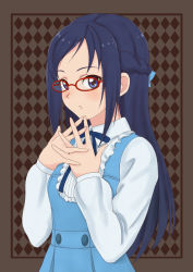 Rule 34 | 1girl, argyle, argyle background, argyle clothes, black hair, blue eyes, bow, brown background, dokidoki! precure, frills, fuyube gin (huyube), glasses, hair bow, half updo, hishikawa rikka, long hair, own hands clasped, own hands together, precure, red-framed eyewear, ribbon, solo
