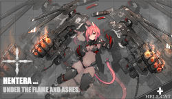 Rule 34 | 1girl, animal ears, armor, armored boots, armored gloves, bikini armor, black thighhighs, bodysuit, boots, cat ears, cat girl, cat tail, chain, commentary, covered navel, english commentary, floating, floating object, floating weapon, full body, gauntlets, hair ornament, hairclip, headgear, highres, huge weapon, mecha, mechanical fists, mechanical parts, orange eyes, original, pink hair, robot, short hair, sidelocks, solo, syaha, tail, tail ornament, thighhighs, weapon, zoom layer