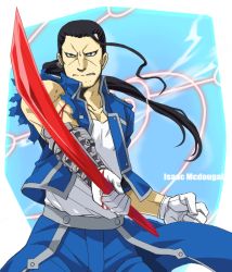 Rule 34 | 1boy, angry, black hair, blood, character name, cowboy shot, fullmetal alchemist, gloves, isaac macdougal, looking at viewer, magic circle, male focus, ntm, solo, torn clothes, torn sleeves, uniform, white gloves