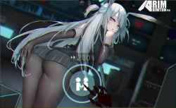 Rule 34 | 1girl, absurdres, animal ears, arknights, ass, bare shoulders, bent over, black dress, black gloves, black panties, blue eyes, blue hair, blurry, blurry background, breasts, chromatic aberration, depth of field, dress, dutch angle, elbow gloves, fentou shou, from behind, gloves, gun, highres, huge filesize, indoors, large breasts, looking at viewer, looking back, one side up, panties, panties under pantyhose, pantyhose, pov, savage (arknights), short dress, sleeveless, sleeveless dress, solo, striped, swept bangs, thighs, two side up, underwear, upskirt, vertical stripes, weapon