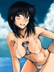 Rule 34 | 00s, 1girl, :d, alcohol, beer, between breasts, bikini, breasts, can, collarbone, cosaten, day, hand on own hip, hip focus, micro bikini, ocean, open mouth, school rumble, short hair, smile, solo, suou mikoto (school rumble), swimsuit, water