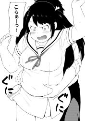 Rule 34 | 1girl, accio, angry, bad id, bad pixiv id, belly grab, blush, breasts, constricted pupils, embarrassed, fat, fat rolls, grabbing, grabbing from behind, greyscale, hair ribbon, highres, long hair, medium breasts, monochrome, original, plump, ribbon, school uniform, serafuku, solo focus, sweatdrop, tanuma miyuki, thick thighs, thighs, translated, twintails, weight conscious