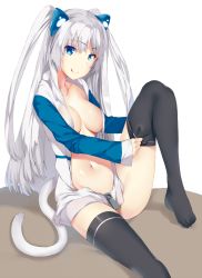 Rule 34 | 1girl, :q, animal ears, bad anatomy, bad feet, bad leg, black thighhighs, blue eyes, breasts, cat ears, cat tail, hews, licking lips, long hair, looking at viewer, open clothes, open shirt, original, poorly drawn, shirt, silver hair, solo, tail, thighhighs, tongue, tongue out