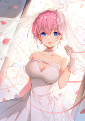 Rule 34 | 1girl, bare shoulders, bison cangshu, blue eyes, breasts, cleavage, collarbone, commentary request, dress, earrings, gloves, go-toubun no hanayome, hand up, highres, jewelry, large breasts, looking at viewer, nakano ichika, open mouth, petals, pink hair, short hair, smile, solo, standing, upper body, veil, wedding dress, white dress, white gloves