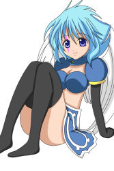 Rule 34 | 1girl, blue eyes, blue hair, collar, derivative work, gloves, loincloth, matching hair/eyes, ocarina (violinist of hameln), orgel (orgel13), scar, sitting, smile, solo, thighhighs, vector trace, violinist of hameln, wings