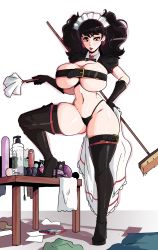 Rule 34 | absurdres, aidan core, alternate costume, bad id, bad twitter id, bare shoulders, belt, belt bra, black hair, black thighhighs, boots, breasts, high heel boots, high heels, highres, kawakami sadayo, large breasts, looking at viewer, maid, maid headdress, persona, persona 5, redrawn, sex toy, shrug (clothing), skindentation, solo, thighhighs, thighs, underwear, vibrator