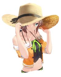 Rule 34 | 1girl, black camisole, blue eyes, brown hair, camisole, crop top, cropped jacket, green ribbon, halterneck, hands on headwear, hat, highres, hololive, jacket, kishiro (mameyamu matu), looking at viewer, medium hair, natsuiro matsuri, natsuiro matsuri (1st costume), neck ribbon, off-shoulder jacket, off shoulder, one eye covered, orange jacket, pinstripe camisole, pinstripe pattern, ribbon, short sleeves, simple background, solo, spaghetti strap, straw hat, striped, upper body, virtual youtuber, white background