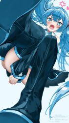 Rule 34 | 1girl, anger vein, angry, aqua eyes, aqua hair, arm between legs, bare shoulders, between legs, blush, boots, commentary, detached sleeves, foreshortening, from below, hair ornament, hatsune miku, highres, long hair, looking at viewer, open mouth, pixiv id, shirt, shirubaa, shoe soles, signature, simple background, skirt, skirt tug, solo, thigh boots, thighhighs, thighs, twintails, twitter username, very long hair, vocaloid