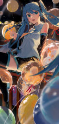 Rule 34 | 1girl, absurdres, aqua hair, aqua nails, aqua necktie, balloon, bare shoulders, black footwear, black skirt, black sky, black sleeves, blurry, blurry background, boots, city lights, collared shirt, commentary, detached sleeves, fence, hatsune miku, headset, highres, long hair, looking at viewer, nail polish, necktie, night, night sky, number tattoo, pleated skirt, shirt, shoulder tattoo, sitting, skirt, sky, sleeveless, sleeveless shirt, smile, solo, symbol-only commentary, tattoo, teeth, thigh boots, twintails, upper teeth only, v, vocaloid, white shirt, yunkkker