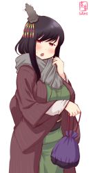 Rule 34 | 1girl, alternate costume, artist logo, bag, black hair, chestnut mouth, commentary request, dated, green kimono, grey scarf, highres, japanese clothes, kanon (kurogane knights), kantai collection, kimono, looking at viewer, nontraditional miko, obi, red eyes, sash, satchel, scarf, short hair, simple background, solo, white background, yamashiro (kancolle)