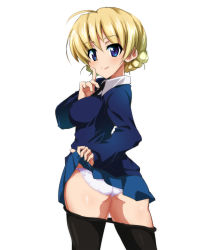 Rule 34 | 10s, 1girl, ass, black pantyhose, blonde hair, blue eyes, blue skirt, blue sweater, braid, breasts, clothes lift, clothes pull, covered erect nipples, darjeeling (girls und panzer), finger to mouth, from behind, girls und panzer, highres, looking back, medium breasts, necktie, ouhashi, panties, pantyhose, pantyhose pull, school uniform, short hair, shushing, skirt, skirt lift, smile, solo, sweater, underwear, white background, white panties