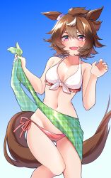 Rule 34 | alternate costume, animal ears, breasts, brown hair, cleavage, collarbone, commentary request, hair ornament, highres, horse ears, horse girl, horse tail, komb, multicolored hair, navel, open mouth, purple eyes, shinko windy (umamusume), short hair, simple background, small breasts, swimsuit, tail, two-tone hair, umamusume