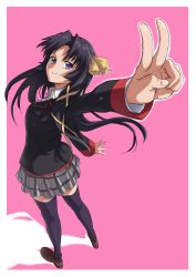 Rule 34 | 1girl, bad id, bad pixiv id, black hair, foreshortening, from behind, highres, isshi pyuma, kurugaya yuiko, little busters!, long hair, looking back, outstretched arm, pink background, plaid, plaid skirt, purple eyes, ribbon, school uniform, skirt, solo, thighhighs, v