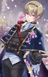 Rule 34 | 1boy, black gloves, black hairband, black pants, blonde hair, cape, closed mouth, fire emblem, fire emblem fates, fire emblem heroes, flower, gloves, hair between eyes, hairband, highres, holding, holding flower, leo (fire emblem), leo (valentine) (fire emblem), looking at viewer, male focus, nintendo, official alternate costume, pants, petals, short hair, smile, snow20200, solo, twitter username