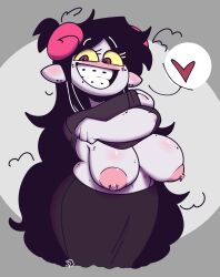 Rule 34 | 1girl, absurdres, aradia megido, black hair, braces, breasts, clothes lift, colored skin, ear piercing, flashing, freckles, grey background, grey skin, heart, highres, homestuck, horns, large breasts, long hair, nipple piercing, nipples, piercing, plump, pointy ears, red eyes, shirt lift, smile, solo, speech bubble, spoken heart, troll