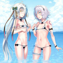 Rule 34 | 2girls, absurdres, ahoge, bare shoulders, bell, bikini, black bikini, blue sky, blush, bow, breasts, collarbone, facial scar, fate/apocrypha, fate/grand order, fate (series), frilled bikini, frills, green eyes, hair between eyes, hair bow, headpiece, highres, jack the ripper (fate/apocrypha), jeanne d&#039;arc (fate), jeanne d&#039;arc alter santa lily (fate), jingle bell, long hair, looking at viewer, maid, maid bikini, maid headdress, micro bikini, multiple girls, navel, ocean, open mouth, orochi itto, ponytail, ribbon, scar, scar across eye, scar on cheek, scar on face, short hair, shoulder tattoo, sky, small breasts, striped bow, striped ribbon, swimsuit, tattoo, thighs, unconventional maid, very long hair, wading, white hair, yellow eyes